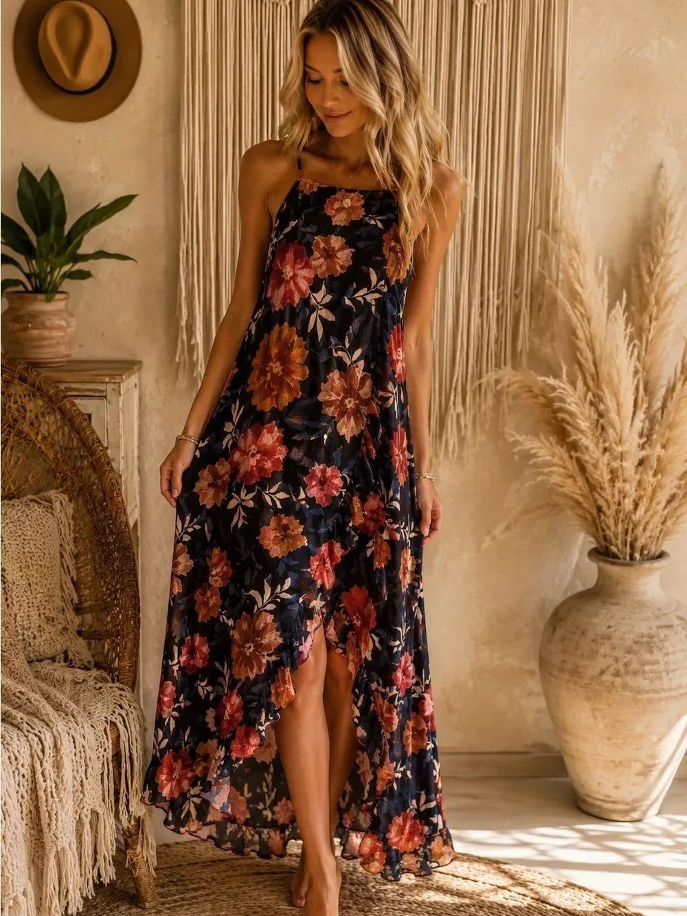 Boho Chic Black and Pink Floral Halter Maxi Dress with Front Slit